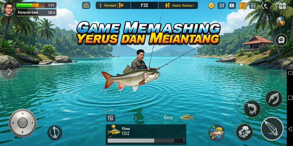 Screenshot gameplay F32 menampilkan aktivitas memancing yang mendebarkan.