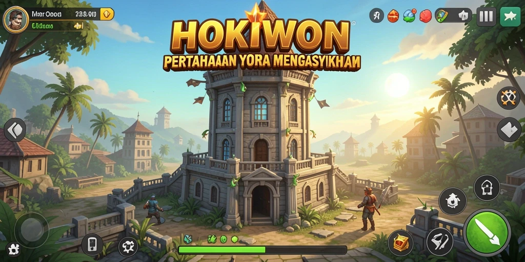 Tampilan menara pertahanan dan aksi seru dalam HOKIWON.